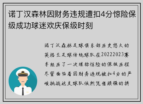诺丁汉森林因财务违规遭扣4分惊险保级成功球迷欢庆保级时刻
